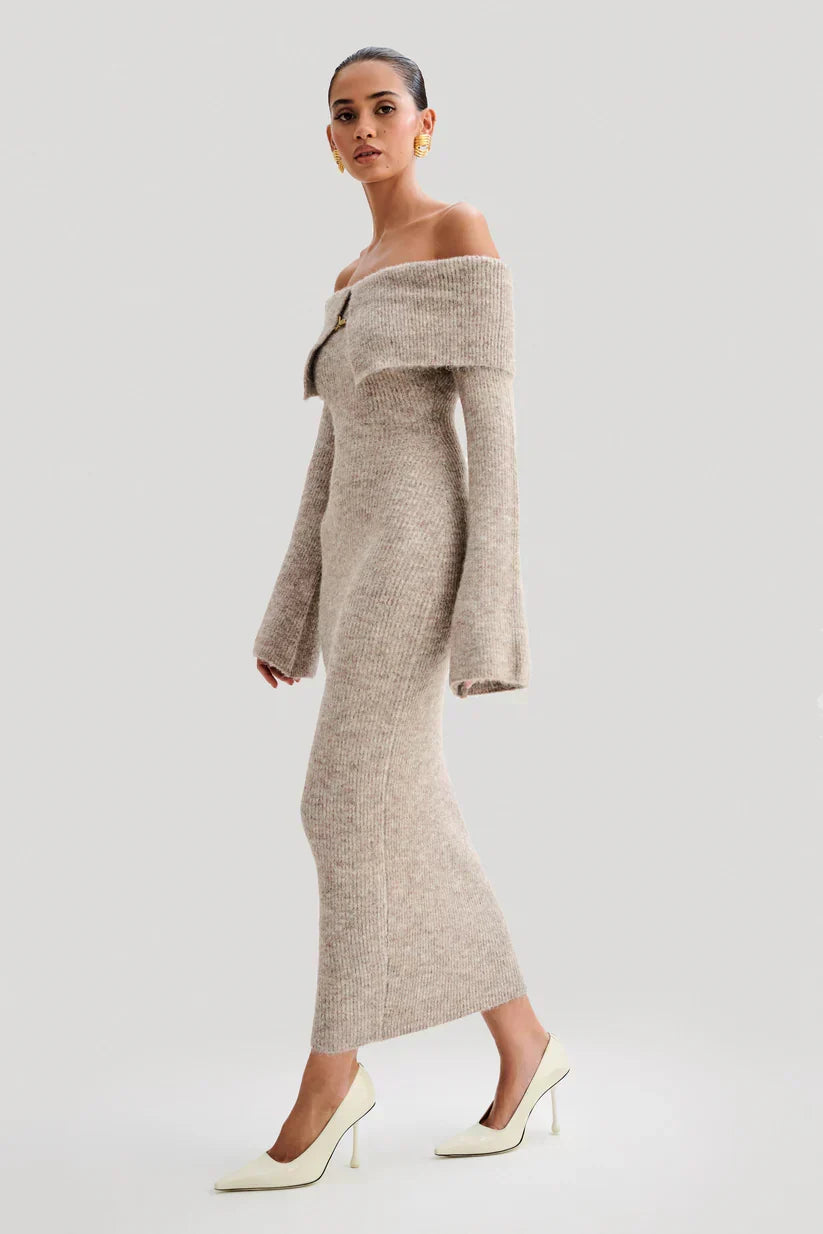 Vera™ | VESTIDO MIDI HOMBROS DESCUBIERTOS DE PUNTO ESPONJOSO