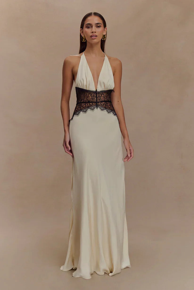 Elara™ | VESTIDO MAXI ENCAJE DE SATÉN