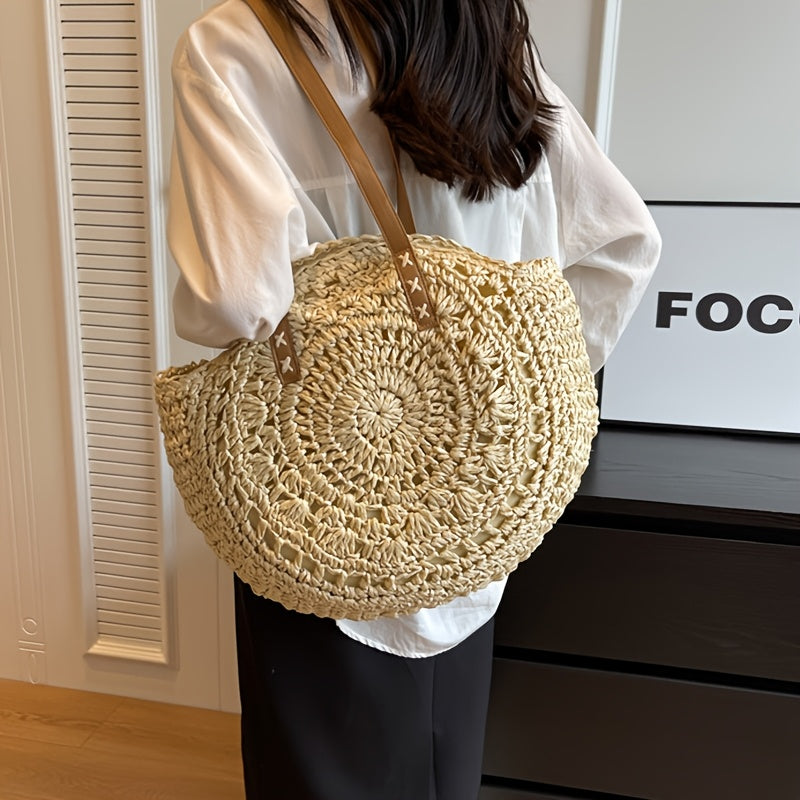 Luigia™ | BOLSO REDONDO DE RAFIA TRENZADA CON CALADO