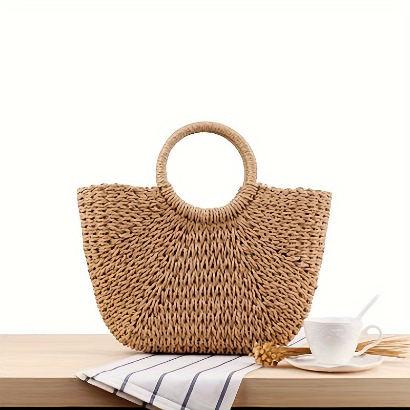 Serenella™ | BOLSO MEDIA LUNA DE RAFIA TRENZADA