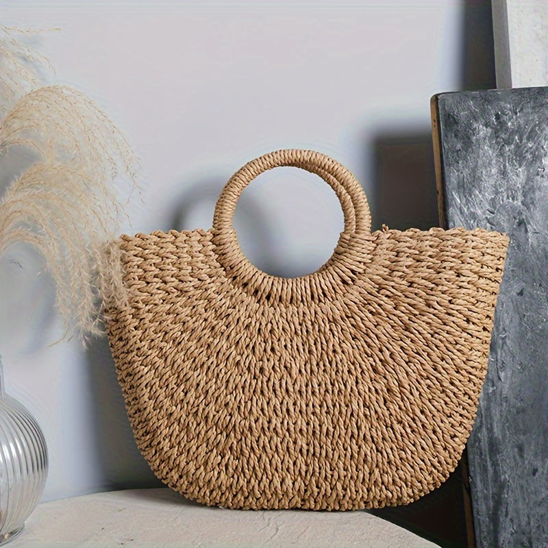 Serenella™ | BOLSO MEDIA LUNA DE RAFIA TRENZADA