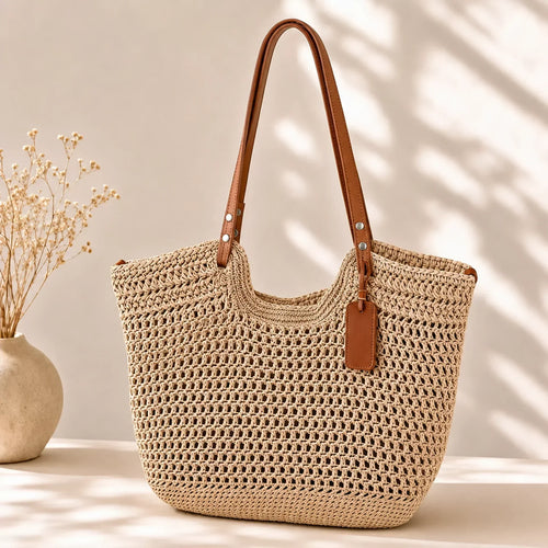 Bolso shopper tejido a ganchillo Alina en beige claro